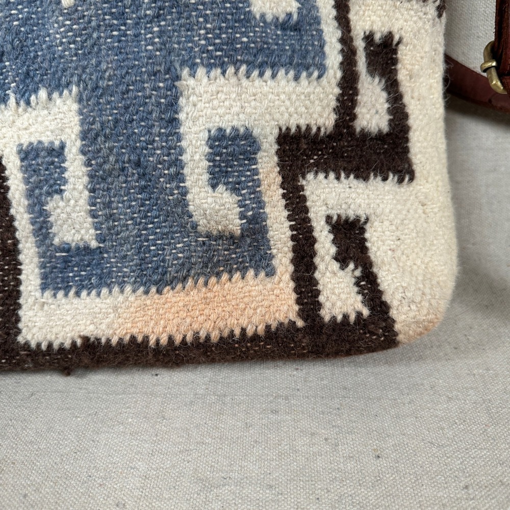 Anabaglish Brown Leather Blue White Woven Cotton Crossbody Bag Southwestern Boho - Picture 2 of 9